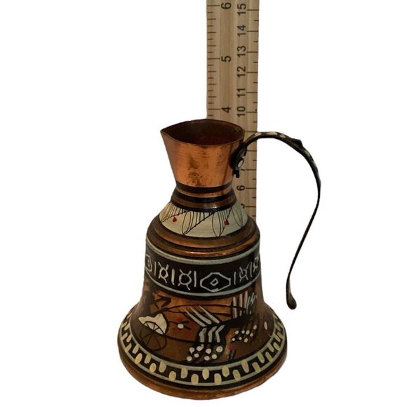 Vintage Handmade Greek Copper Geometric Motif Pitcher Decor - Picture 2 of 5